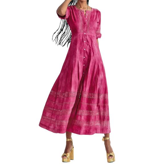 LoveshackFancy Edie Bordeaux Pink Tie Dye Cotton Midi Dress